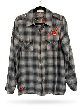 Johnny Was 3J Workshop Plaid Embroidered Rose Shirt Size L